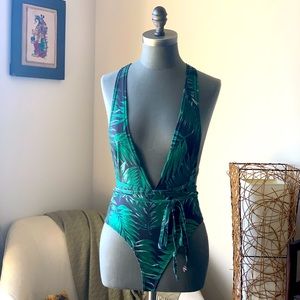 Green Floral Deep Plunge Swimsuit NWOT